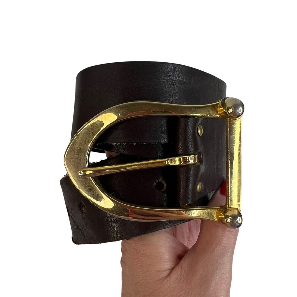 Vintage Garay Medium‎ M Cowhide Brown Leather Belt Wide Design Gold Toned Buckle